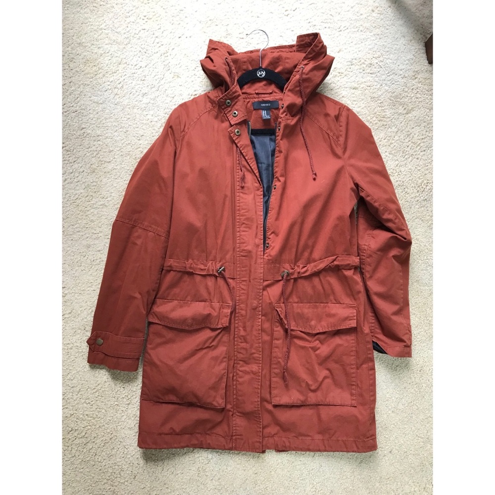 F21 Burnt Sienna Red-Brown Hooded Longline Utility Jacket - M